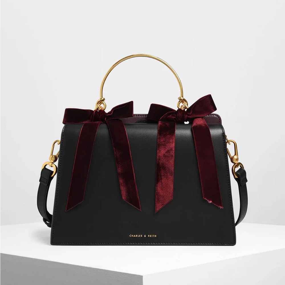 Charles and Keith Velvet Bow Top Handle Bag